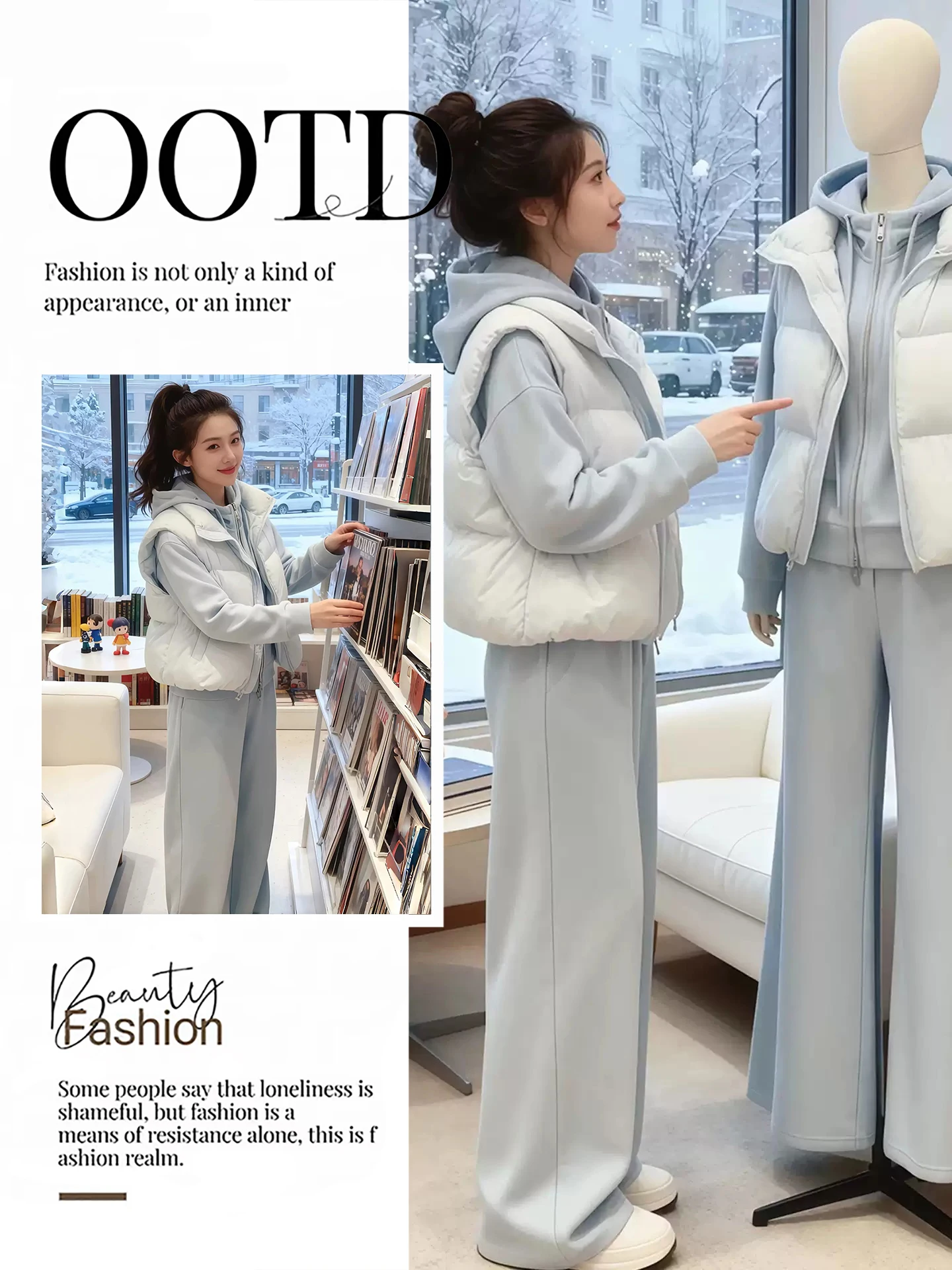 

Комплект женской повседневной одежды: брюки с высокой талией и теплый удлиненный жилет средней плотности для зимнего сезона