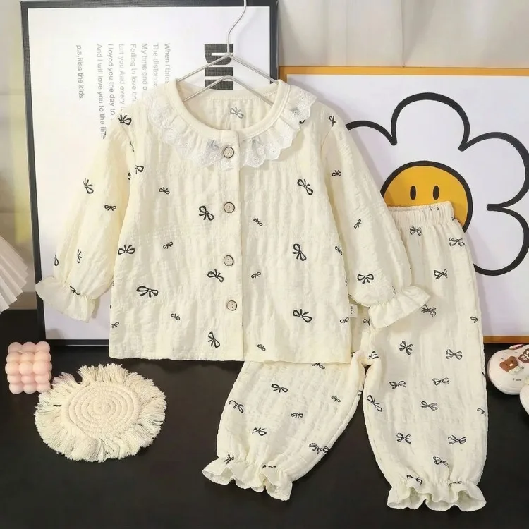 Sommer Frühling Herbst Mädchen Elegante Spitzen-Pyjama-Sets Kinder Atmungsaktive Bequeme Langarm-Hauskleidung Sets Kinder-Schlafanzüge – Detail 22