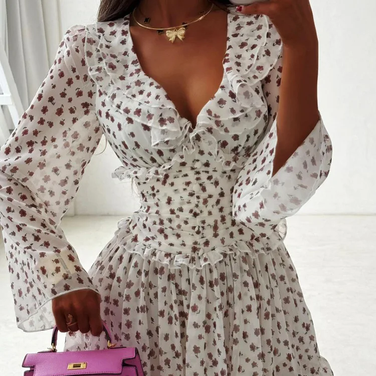 

Fashion Printed V-neck Waist Cinching Long Dress Women Long Sleeved Ruffle Hem Mini Dresses Lady Daily Party Short Gown 2025 New