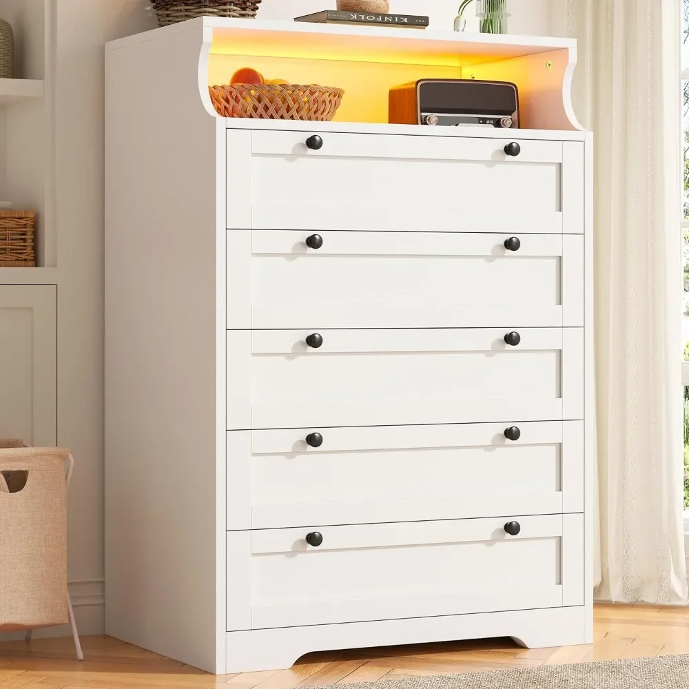 5 Drawer Dresser with LED, White Dresser for Bedroom, Bedroom Dressers & Chests of Drawers, Tall Dresser with Deep Drawers