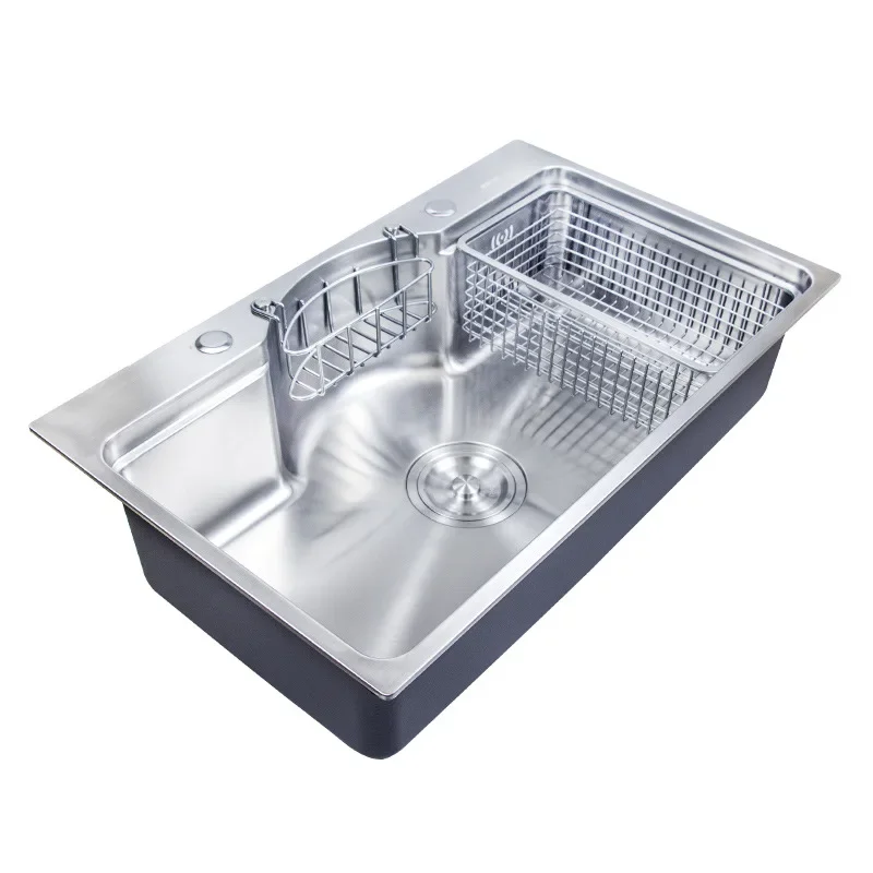 Premium 304 Stainless Steel Large Single Bowl Sink with Drain Basket and Draining Rack Kitchen Step Basin Model Kitchen Sink