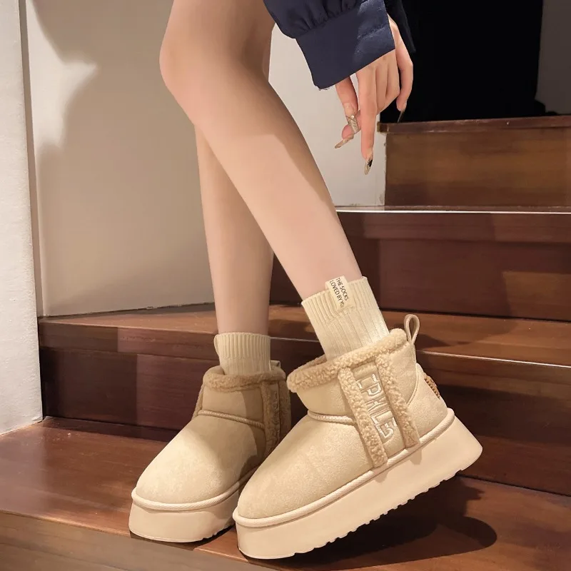 2024 Winter Women Short Plush Warm Snow Boots Casual Shoes New Suede Fur Chelsea Ankle Boots Flats Platform Ladies Shoes Botas