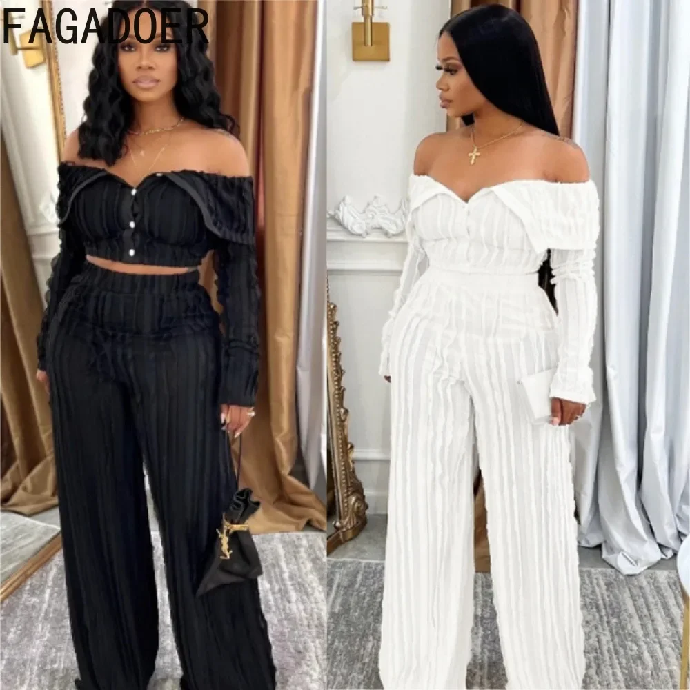 

FAGADOER Sexy 2 Piece Sets Women Outfit Off Showlder Ruched Patchwork Crop Tops And Wide Leg Pants Suits Female Streetwear New