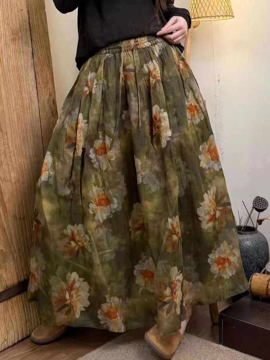 

Хлопково-льняная юбка трапециевидной формы в стиле ретро с цветочным принтом, универсальная длинная повседневная летняя юбка с высокой талией и эластичной резинкой на талии для похудения