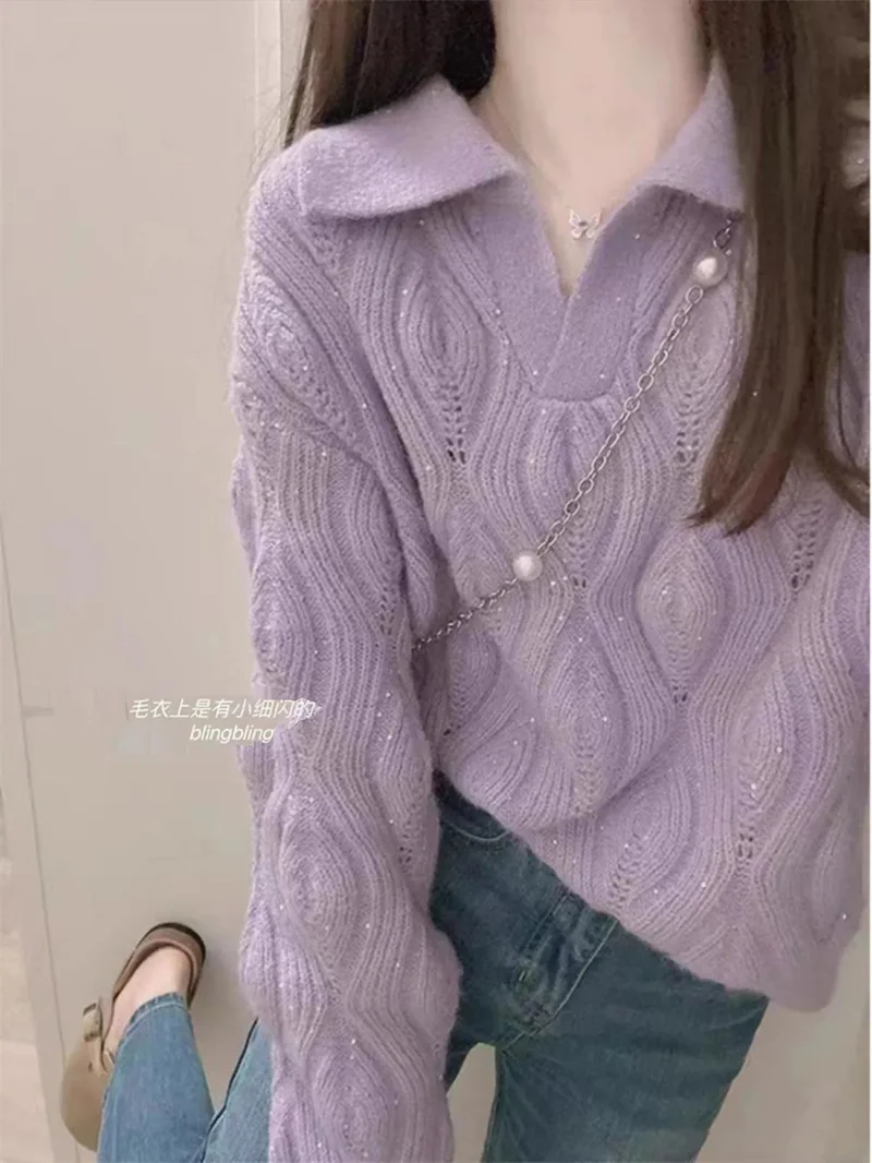 

Loose Purple Knitted Sweater Milk Series Korean Version Design Sweet Pullover Sweater For Women Autumn And Winter 2026 New Item
