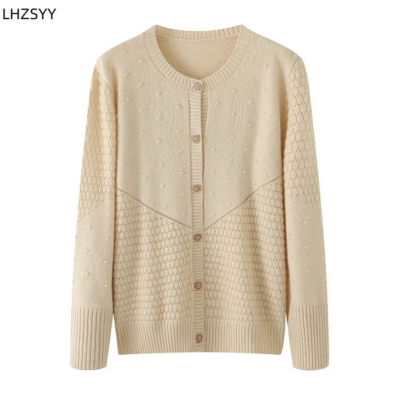 LHZSYY Spring New Pure Cashmere Cardigan Ladies High-end Polka-dot Diamond Lattice Jackets Hollow Loose Tops O-Neck Knit Shirts