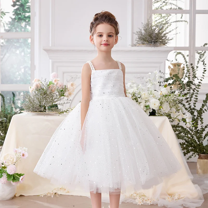 Summer New Girls' Pearl Suspender Princess Dress Sequin Wedding Dress Fluffy Skirt Little Girl Host Performance Outfit