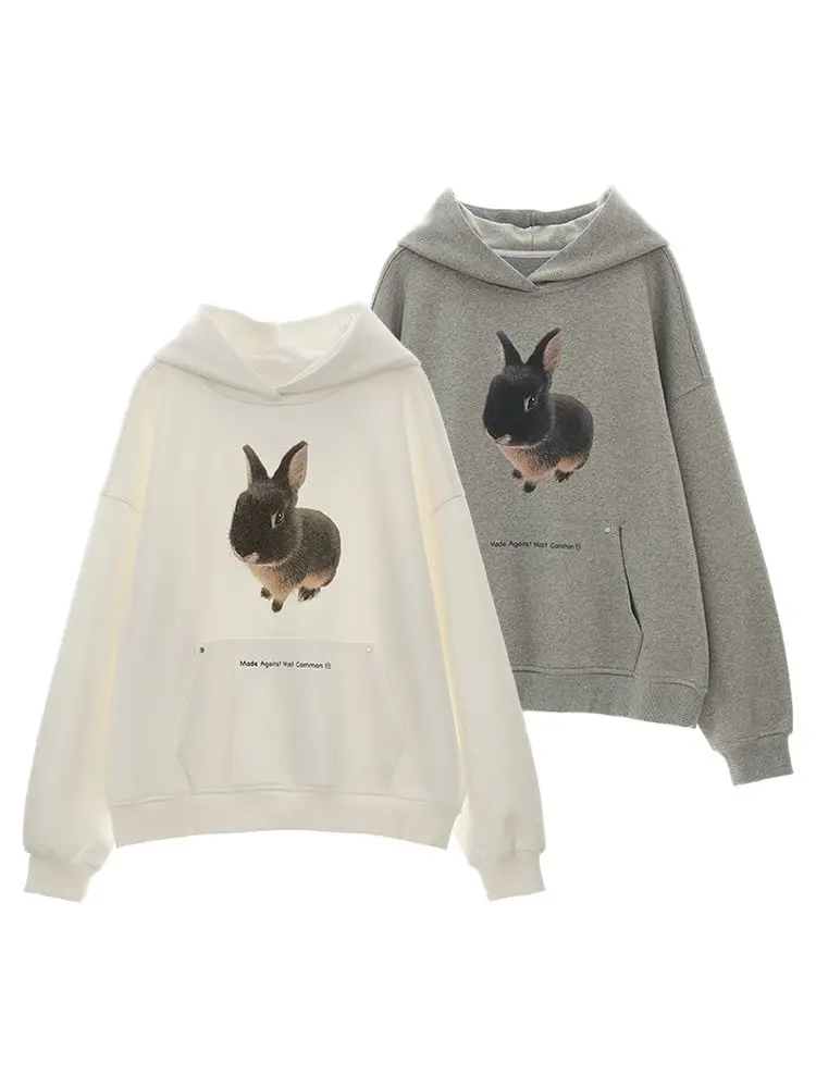 American Trendy Brand Rabbit Letter Print Cotton Pullover Hoodie Autumn New Casual All Match Unisex Sweatshirt Couple Y2k Top - view 5