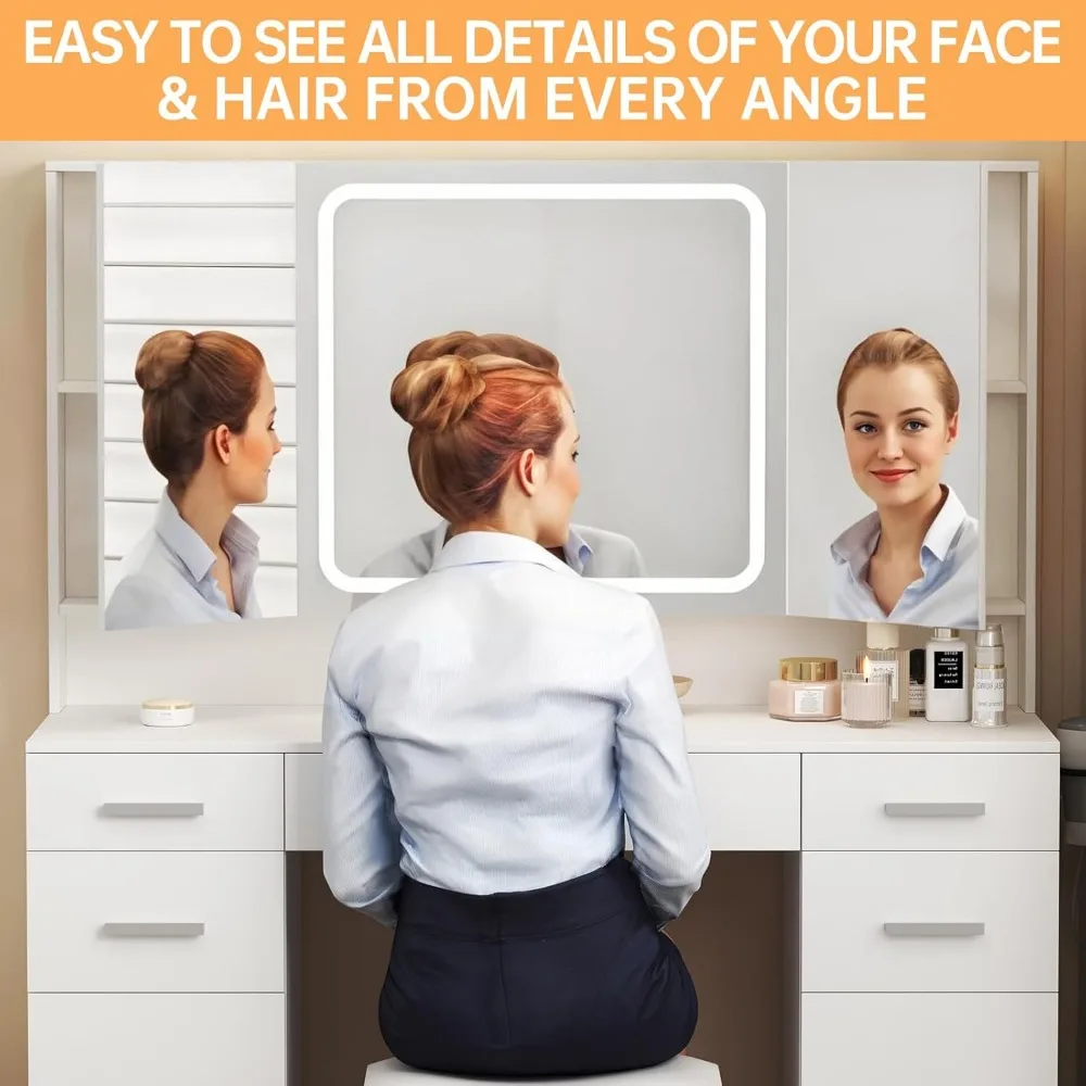 مكتب زينة مكياج مضيء مع مساحة تخزين ذات 9 أدراج ومرآة ثلاثية الطي ثلاثية الألوان