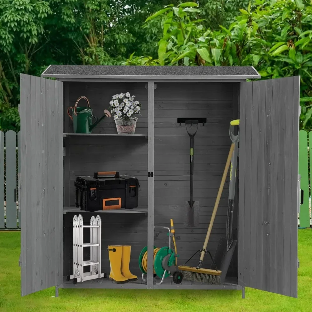 

56”L X 19.5”W X 64”H Outdoor Storage Shed with Lockable Door, Detachable Shelves & Pitch Roof, Wooden Tool Storage Shed