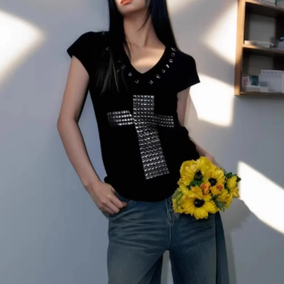 

Y2K хип-хоп футболка с v-образным вырезом в стиле Харадзюку крутая мода рок-готический уникальный топ в стиле панк для музыкального фестиваля наряд