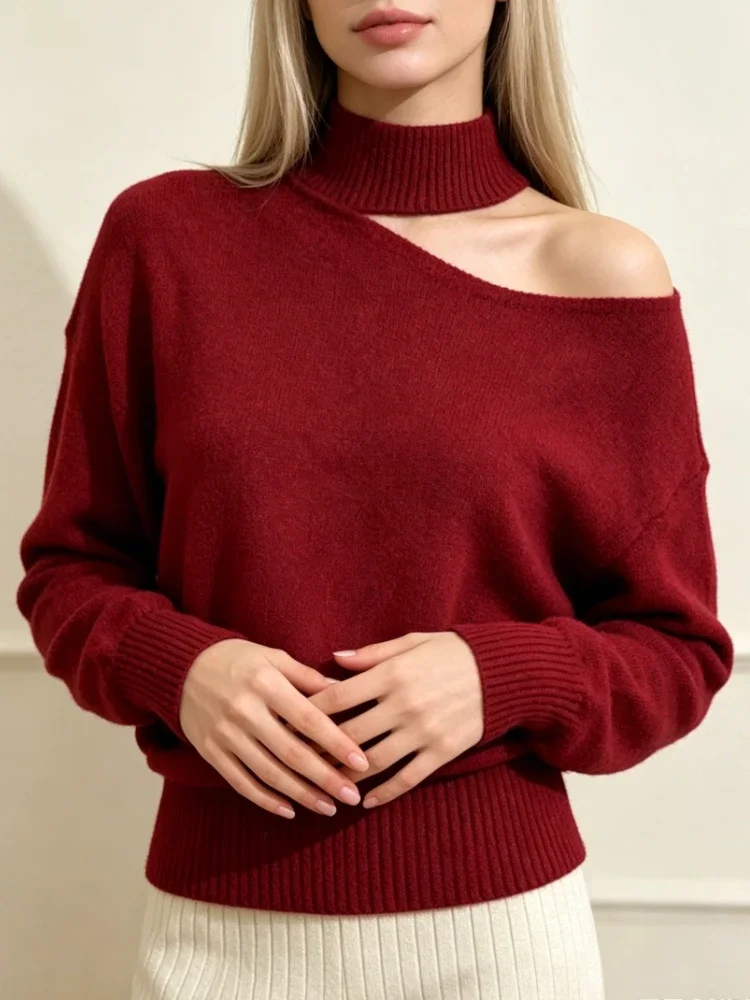 Half High Neck Korean Style Sweater Sweet Hollow Out Knit Top Loose Pullover Long Sleeve Autumn Winter Simple Soft Casual Jumper