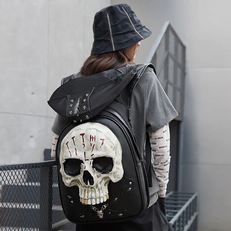 Man 3D Embossed Skull Punk Rock Gothic Leather Backpack Rivets Laptop Travel Soft Backpack With Hood Cap Women Grils Bag Hiphop