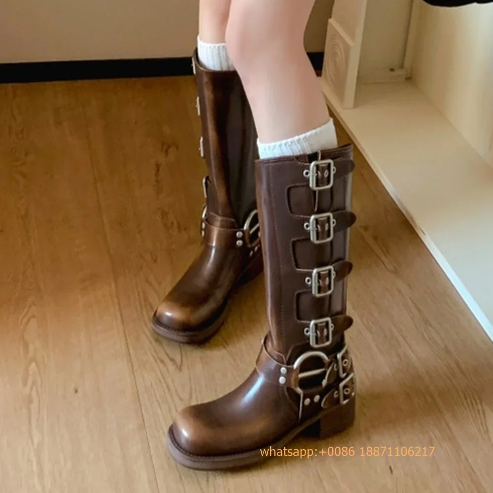 Bottes de style cowboy western en cuir véritable avec ceinture pour femme, bottes de chevalier décontractées, style Ins rond, noir et marron, automne 2024