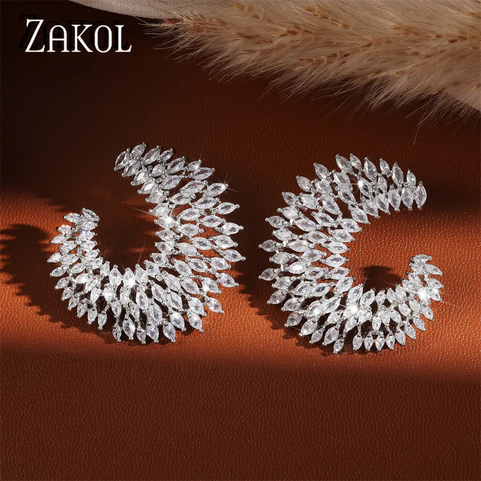 

ZAKOL Fashion Big CC Stud Earring Vintage Moon Shape Micro Cubic Zirconia for Women Bridal Wedding Party Jewelry Bijoux