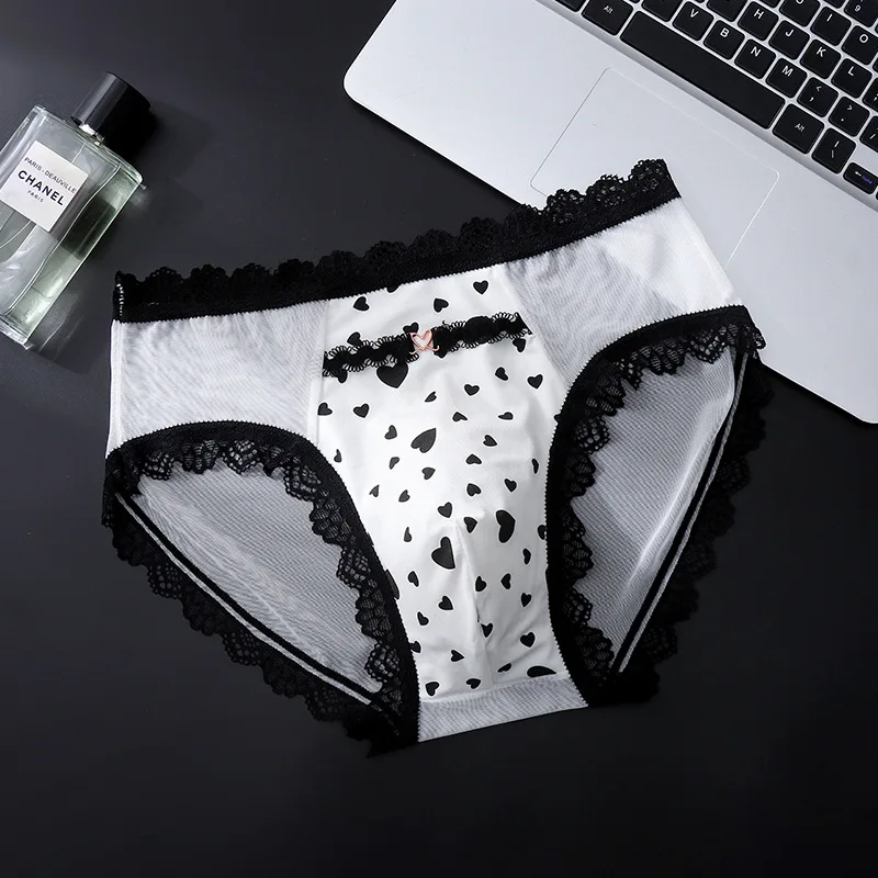 Briefs Men Ice Silk Heart Printed Panties Sheer Mesh Lace Ultra-Thin Pouch Space Capsule Underwear Sissy Feminization Underpants