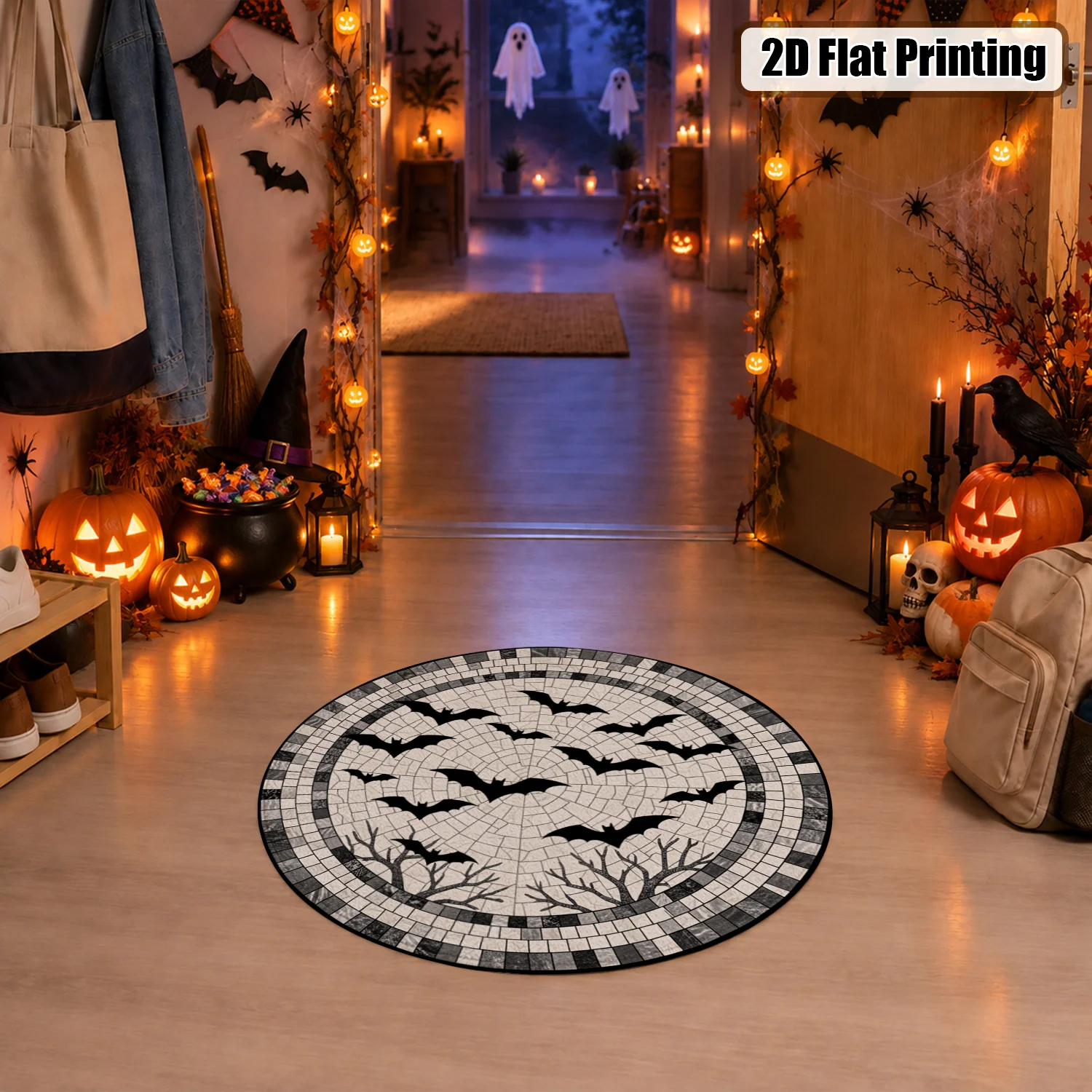 Bat Spiderweb Mosaic Round Velvet Rug Machine Washable Ideal for Living Room Bedroom Entryway Great for Halloween Thanksgiving Christmas Black Friday Cyber Monday New Year