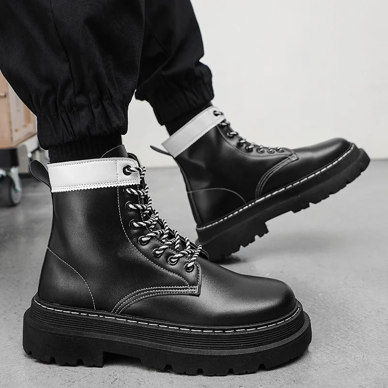 STRONGSHEN Men Boots High Top Fashion Motorcycle Ankle Boots Splicing Winter Boots Anti-slip Man Shoes Lace-Up Botas Hombre image 4