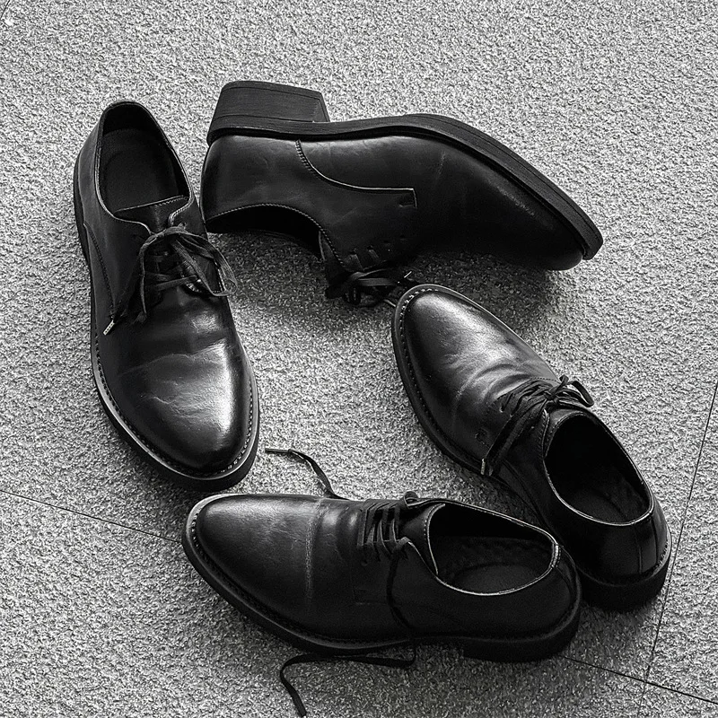 

2025 Black Wizard Platform High Heel Retro Pointed Cigarette Couple Same Chelsea Mens Dress Derby Shoes