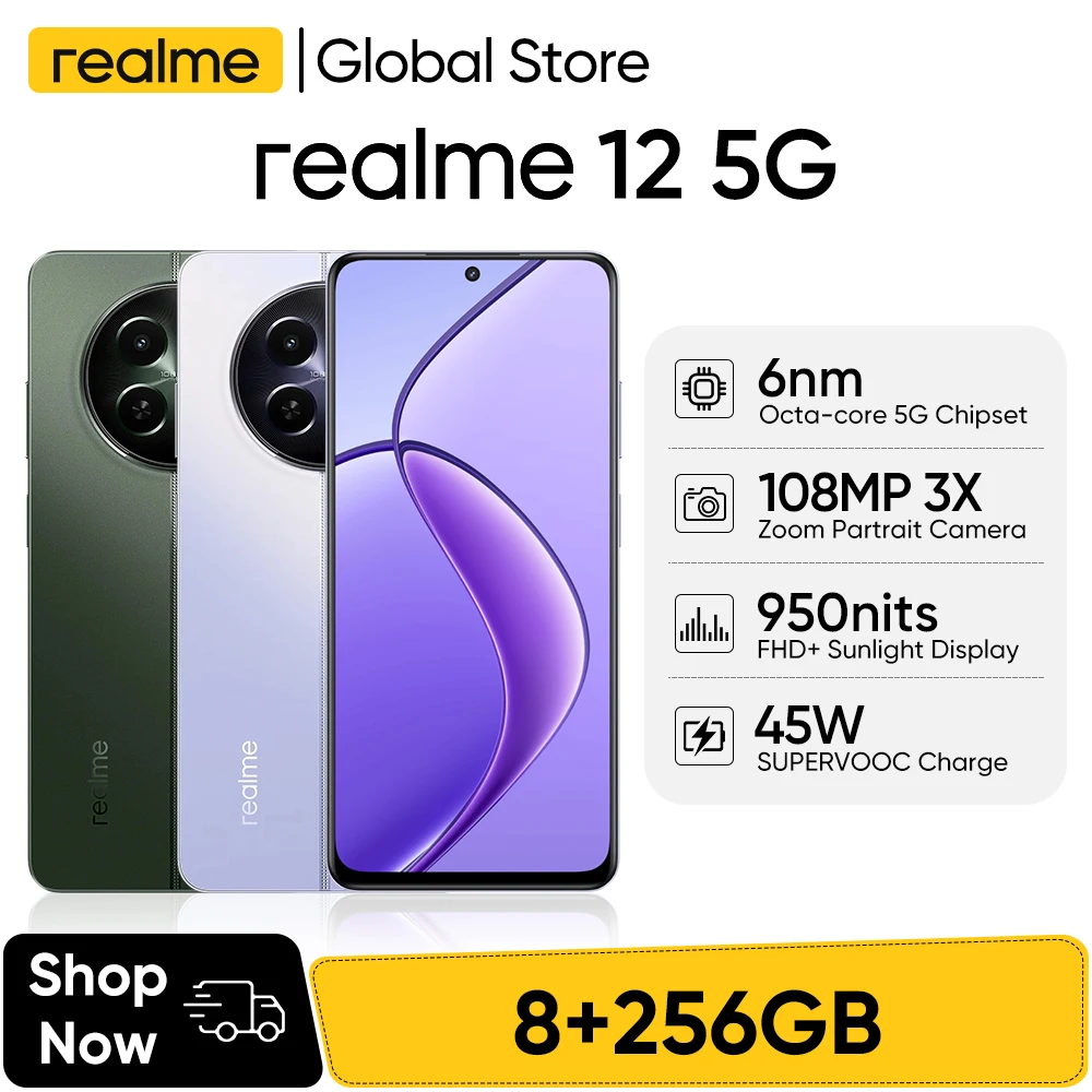 realme 12 5G 6,72'' 120Hz Bildschirm 108MP AI Kamera 3X In-Sensor Zoom Android 14 Smartphone 960nits 45W SUPERVOOC Charge 5000mAh