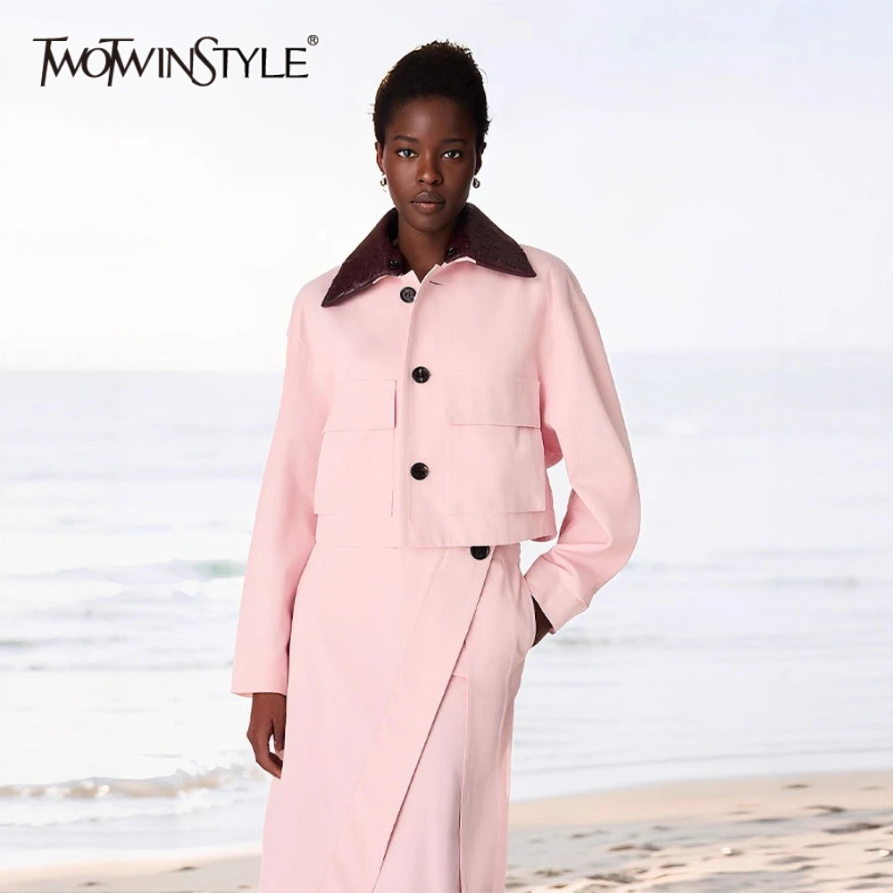 

TWOTWINSTYLE Hit Color Two Piece Set for Women Lapel Long Sleeve Short Jacket High Waist Irregular Skirt Temperament Suit Female