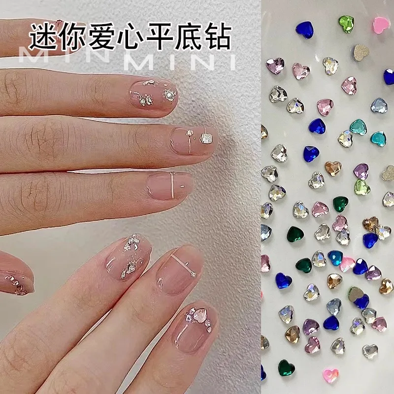 200Pcs/bag 3mm Mini Heart Nail Gems - Flat-Back Sparkling Crystal Press-On Nail Decor, Viral Sweet Girl Manicure Accessories