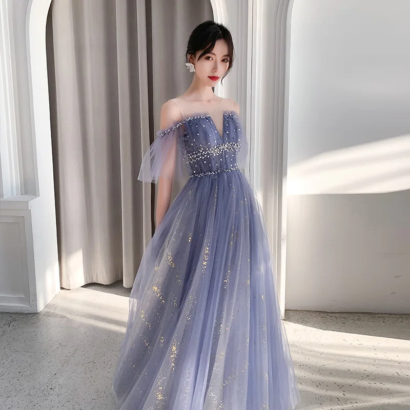 

Blue Banquet Evening Gown Sexy Off Shoulder O-Neck Sequin Prom Dress 2023 New Lace Up Temperament Floor-length A-line Dresses