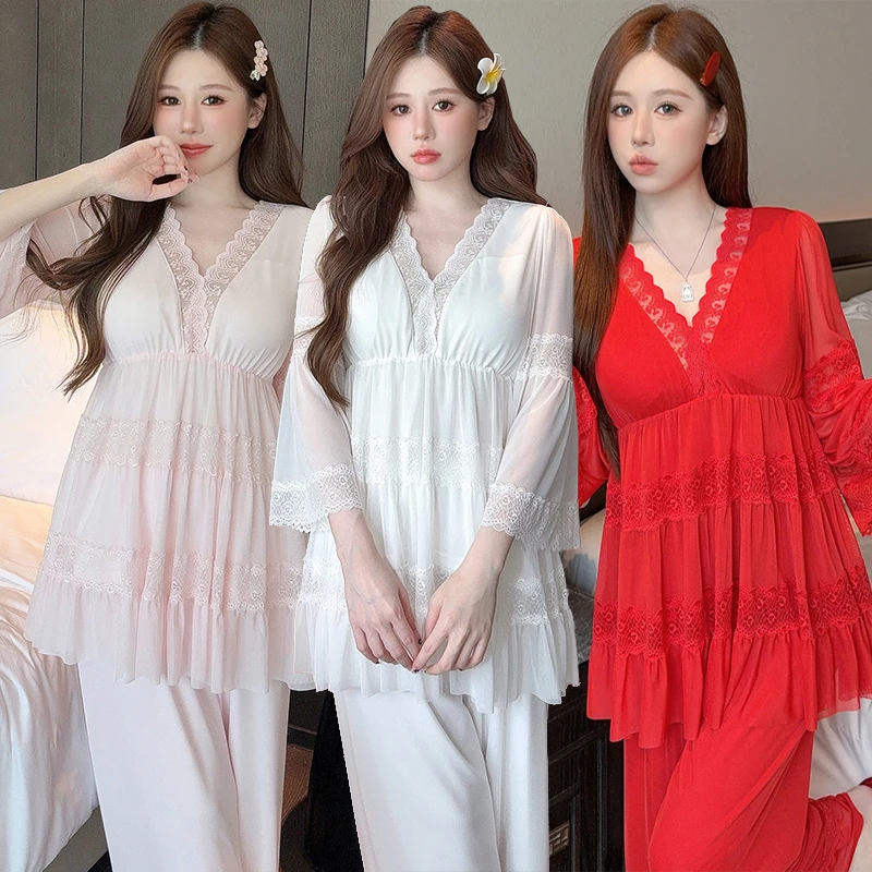 

Осенние милые кружевные хлопковые пижамные комплекты с длинными рукавами и v-образным вырезом для женщин, корейская одежда для сна, домашняя одежда, Pijama Mujer, домашняя одежда