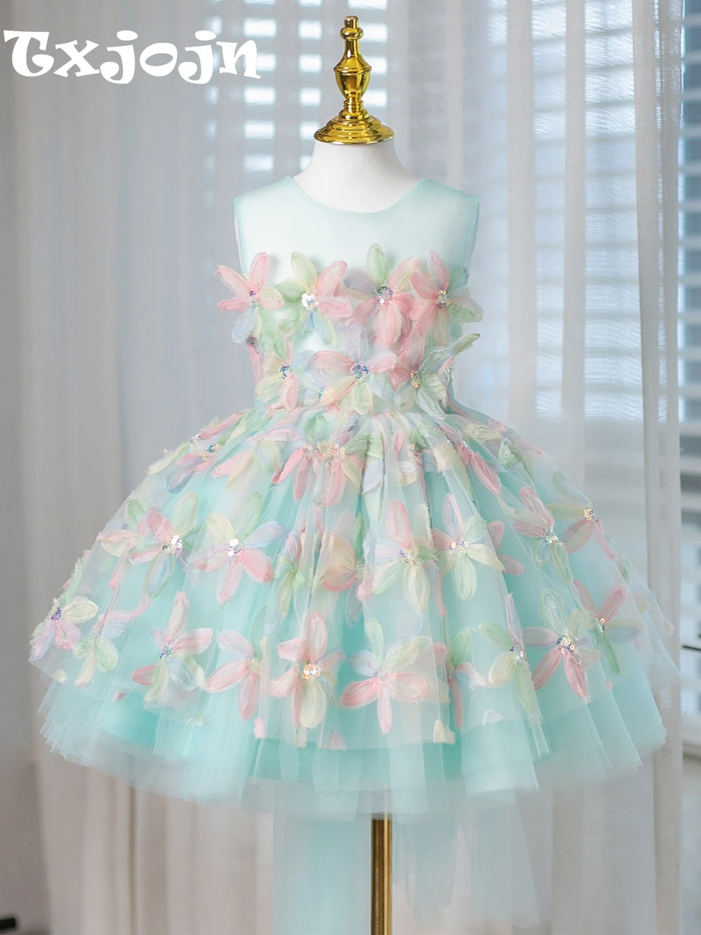 

New Colorful Kids 3D Flower Princess Gown 80-160cm Elegant Oneck Sleeveless Girls Dresses With Bow For Dancing Perfomance