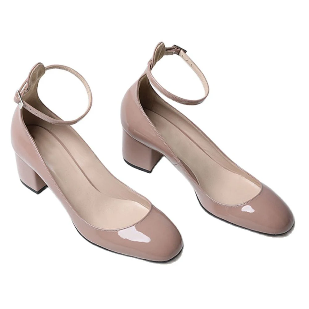 Women Black Patent Round Toe Block Heel Ankle Strap Pumps Work & Career Shoes