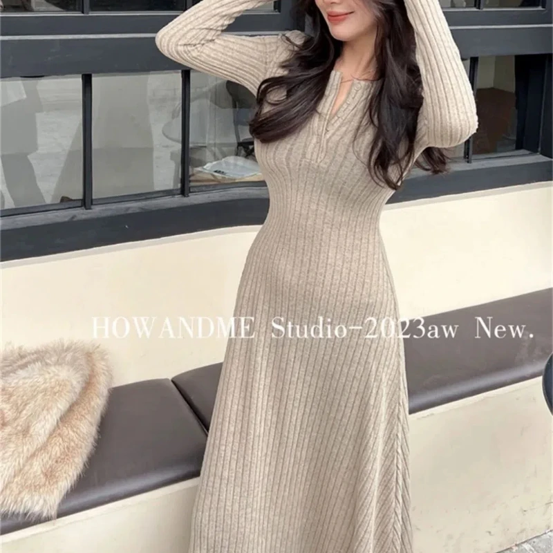 Autumn Winter New Fashion Long Sleeve Solid Slim Women\'s Clothing Korean Temperament Trend Simplicity Knitting All-match Dresses