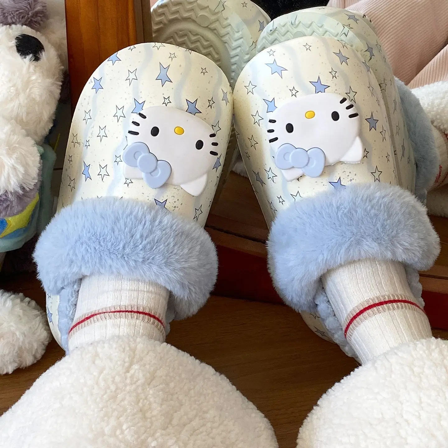 

Женские хлопковые тапочки Hello Kitty, домашние зимние водонепроницаемые хлопковые тапочки на толстой подошве с героями мультфильмов, уличная хлопковая обувь