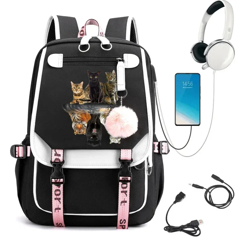 Mochila para mujer, mochila de gran capacidad, bolso escolar de viaje a la moda para mujer, mochila para ordenador para estudiantes, mochila de dibujos animados de gato, tigre, Anime Bac NM31