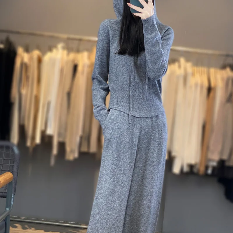 2024Autumn/Winter New Women\'s Leisure Suit Slim Hooded Knit Top Elastic High Waisted Leg Wide Leg Pants 100% Australian Wool Set