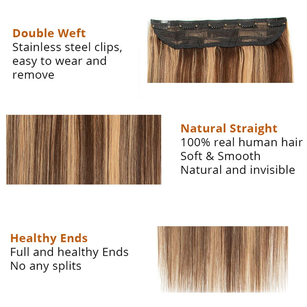 クリップインワンピース人毛エクステンション 40-50 グラムブロンドブラウン横糸クリップ天然シルクストレートかつら女性のための 12 ''-22''