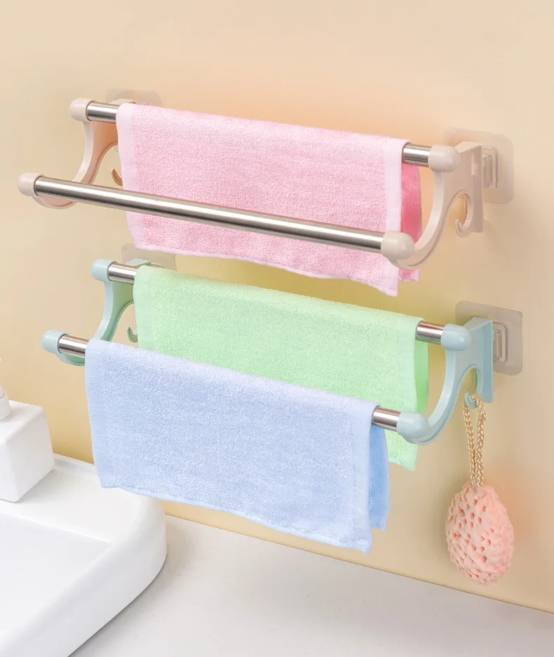 Stainless Steel Double Towel Holder No need Perforated Rack Bathroom Kitchen Wall-mounted Towel Rack Holder Bathroom Accessories