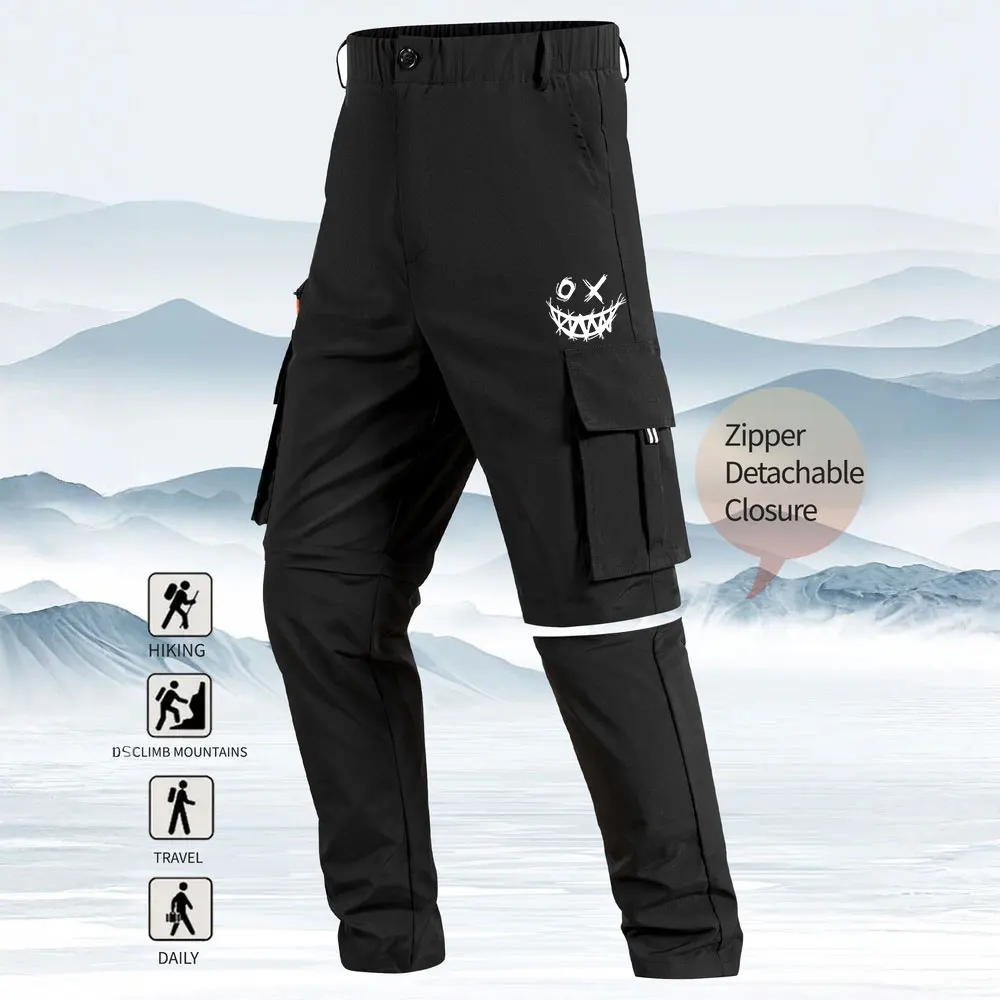 

Smiley Face Print Baggy Cargo Male Trousers Casual Zipper Connection Long And Shorts Travel Trousers Camping Hiking Sweatpants