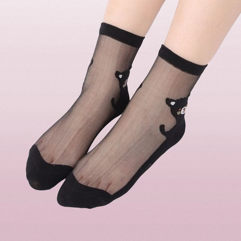 3/6 Pairs High Quality Thin Crystal Stockings Transparent Glass Stockings Bear Cartoon Breathable Women's Socks