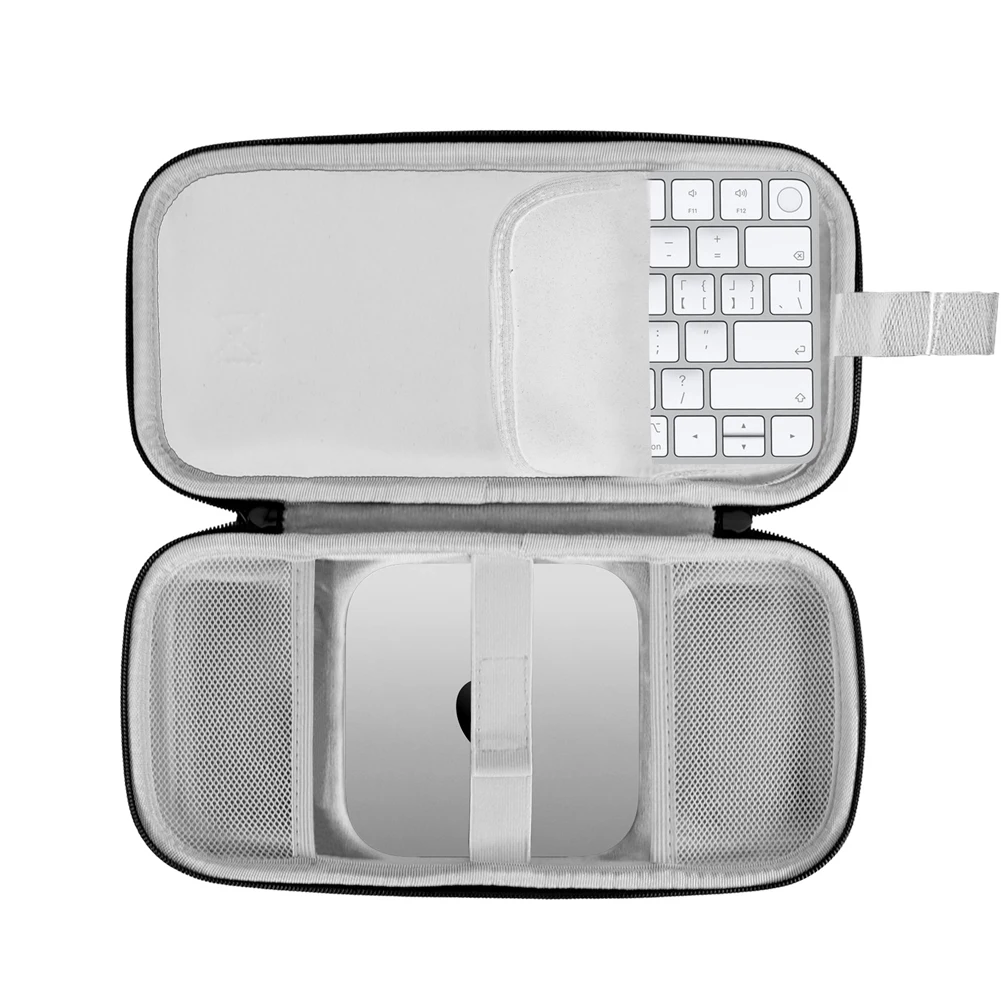 حقيبة حمل صلبة لجهاز Apple Mac Mini M4/M4 Pro حقيبة تخزين مضيف الكمبيوتر منظم لوحة المفاتيح مع حقيبة محمولة بجيب شبكي