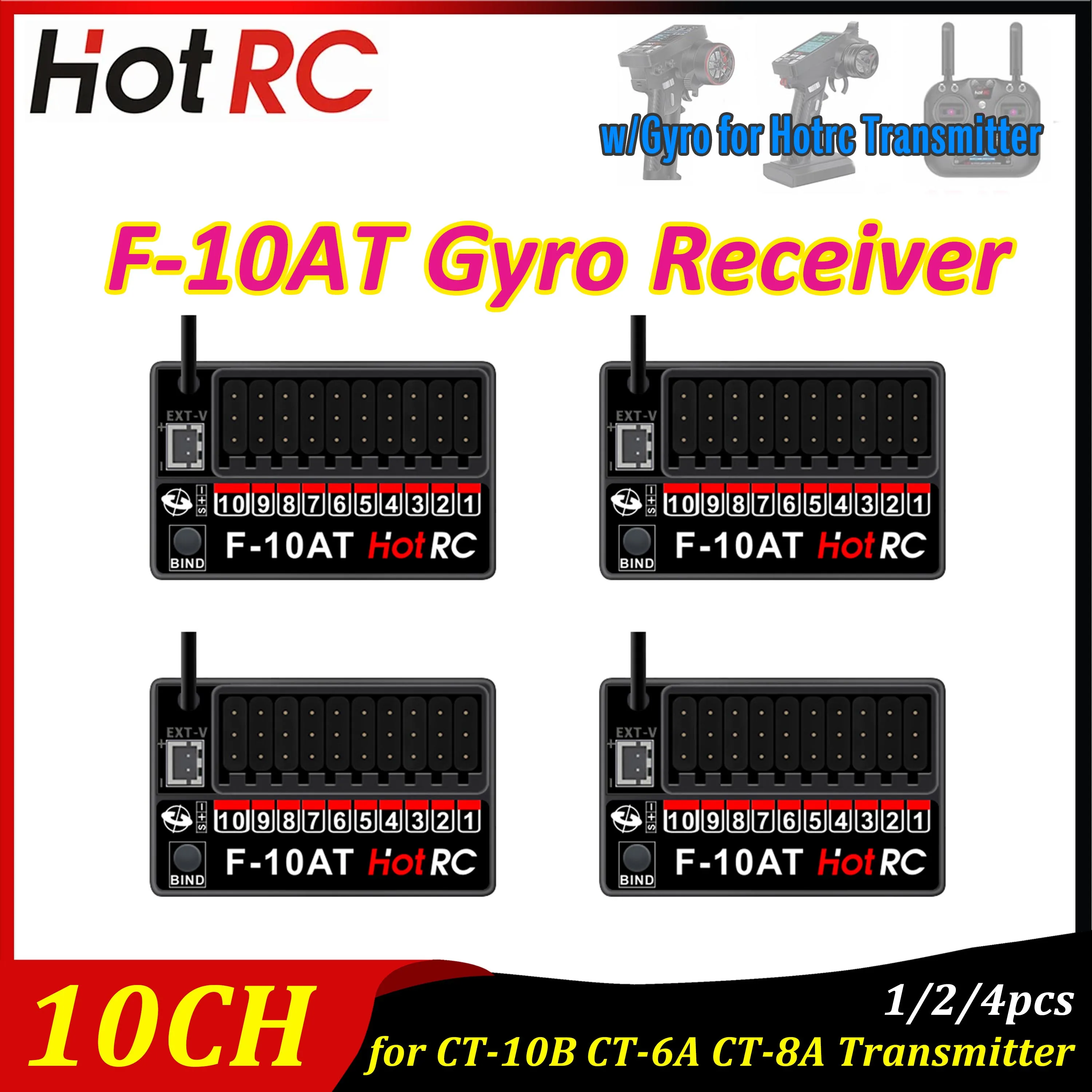 

1/2/4pcs HotRC F-10AT 2.4G 10CH PWM Gyro Receiver Voltage Return DC 4V-9V for CT-10B HT-10A DS650 Transmitter RC Car Airplane