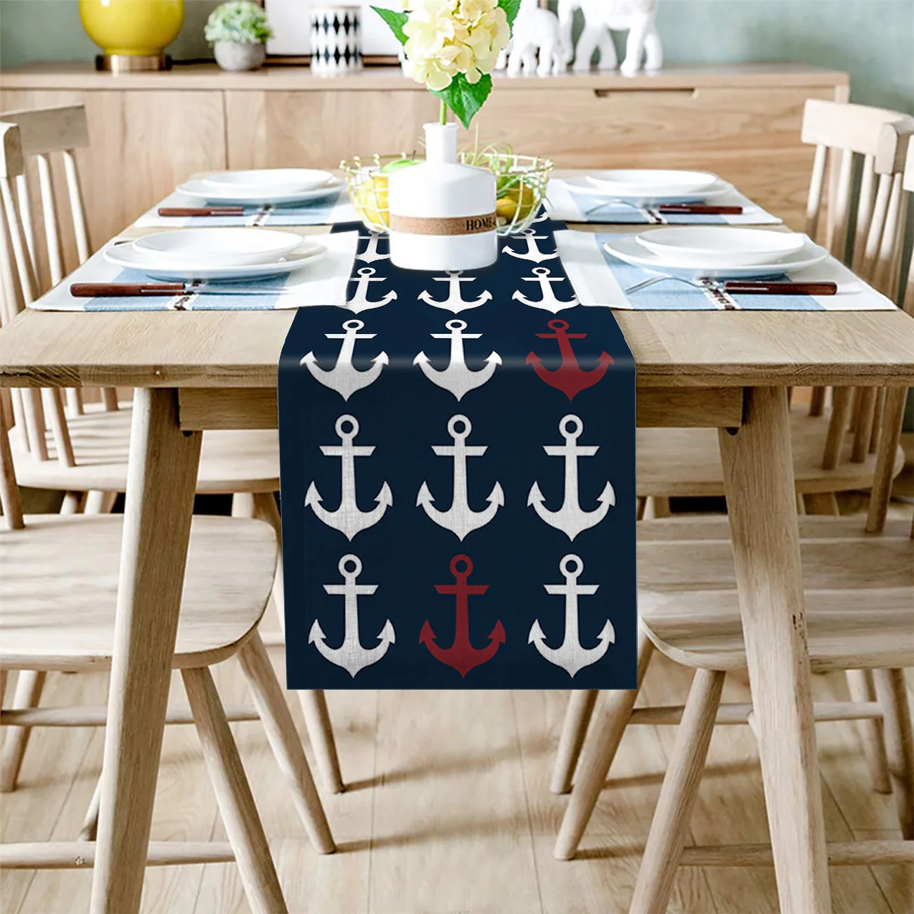 Nautical Ocean Anchor Dark Blue Linen Table Runners Kitchen Table Decoration Dining Table Runner Wedding Party Supplies