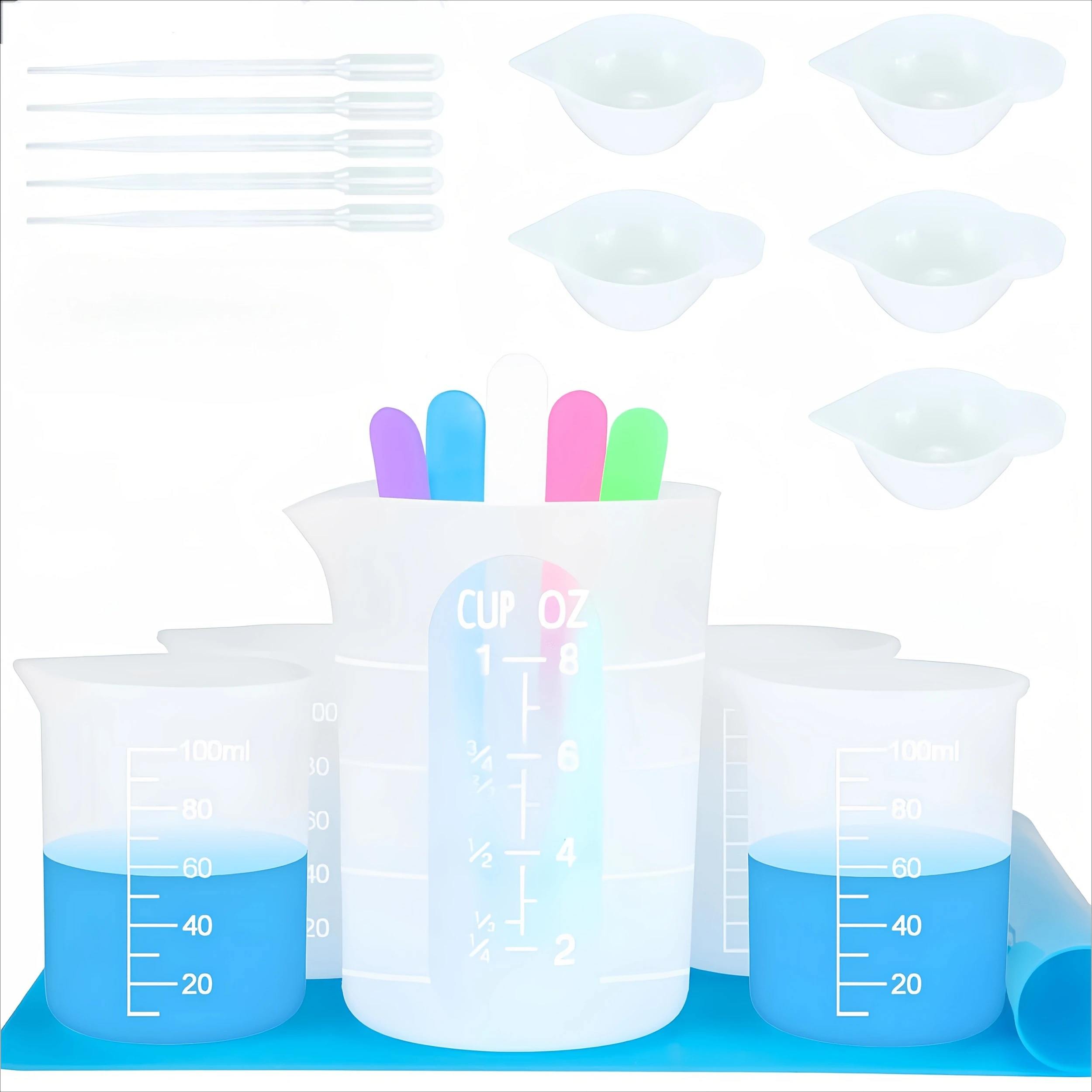 Juego de 21 moldes de silicona para fundición de resina, kit de herramientas de 21 piezas con tazas medidoras de silicona - 250 ml y 100 ml