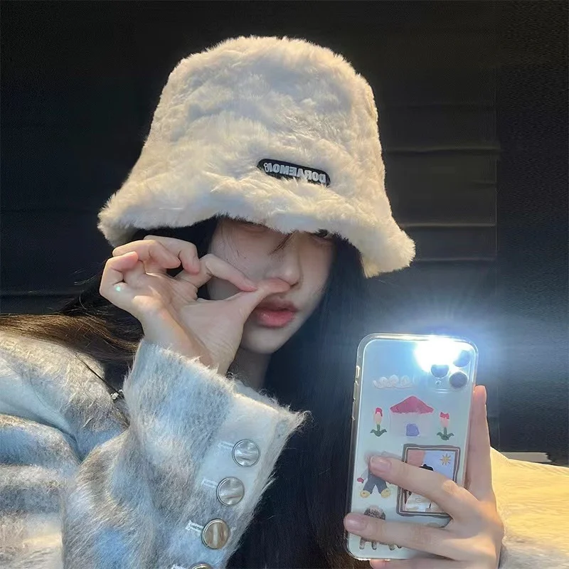 New Plush Lamb Fleece Bucket Hat Women Autumn Winter Thicken Warm Ear Protection Basin Cap Korean Letter Fashion Fisherman Hats