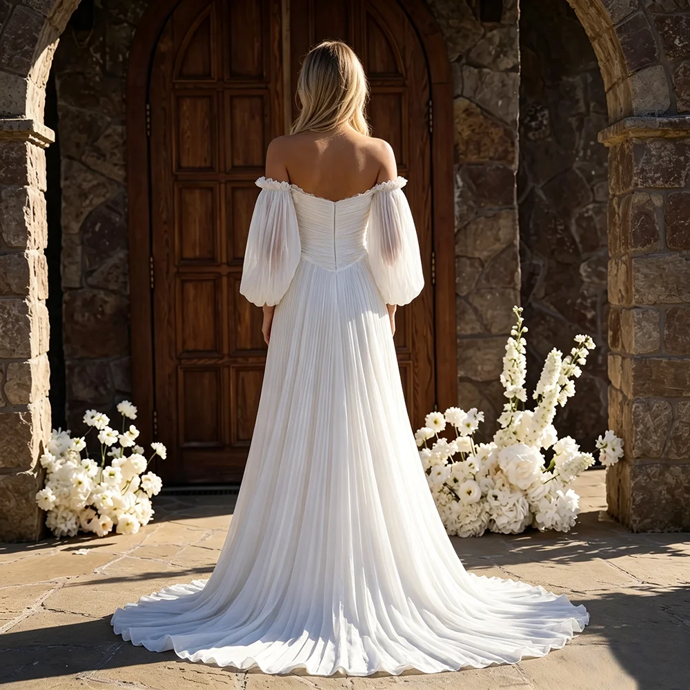 Long Bishop Sleeves Sweetheart Ruched Bridal Gowns Chiffon Customized Oversized Plus Size Off Shoulder Ceremony Wedding Dress