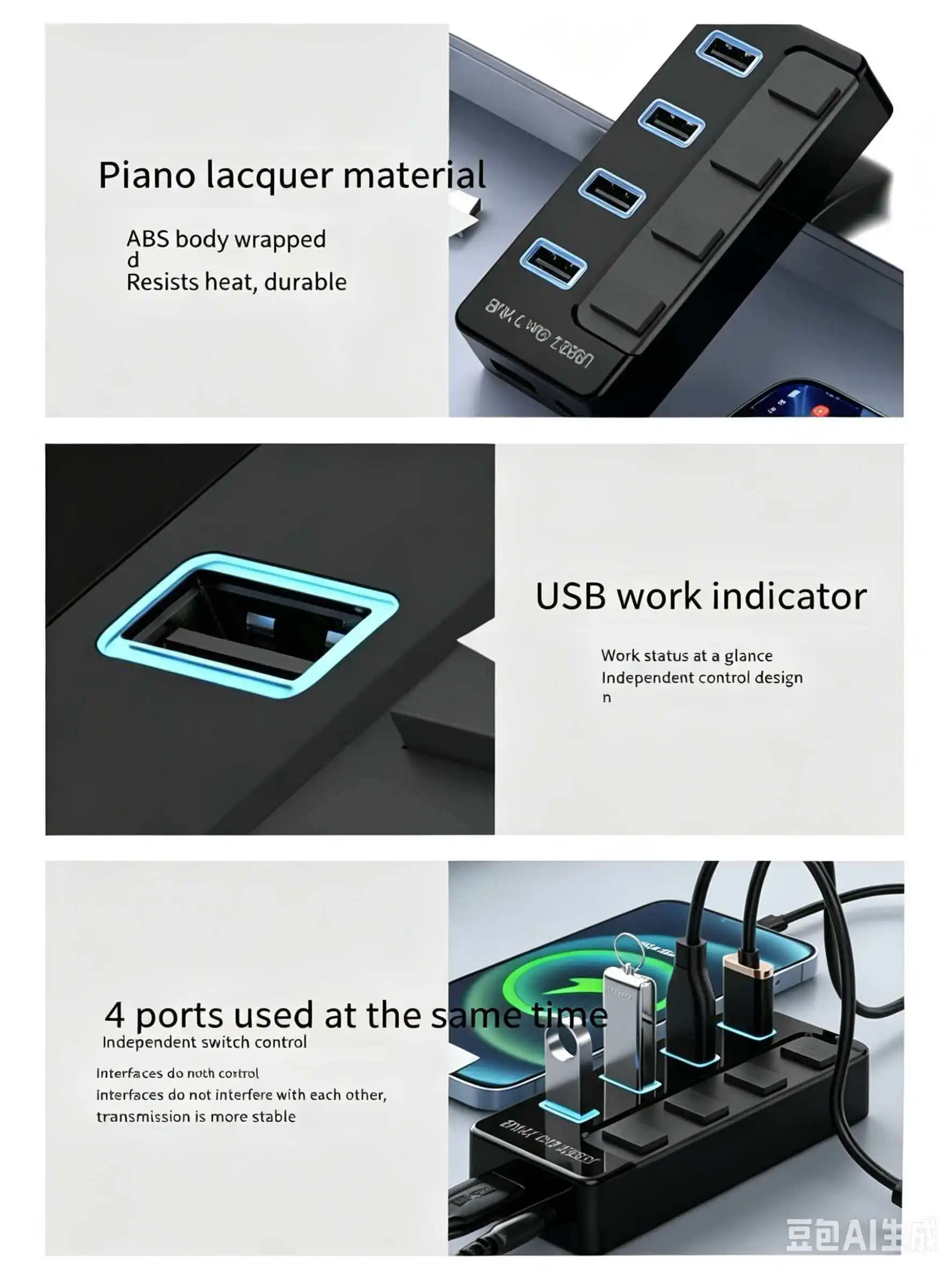 Hub USB3.0 à 4 ports avec interrupteur d'alimentation indépendant, adaptateur séparateur USB haute vitesse 5 Gbps pour ordinateur portable