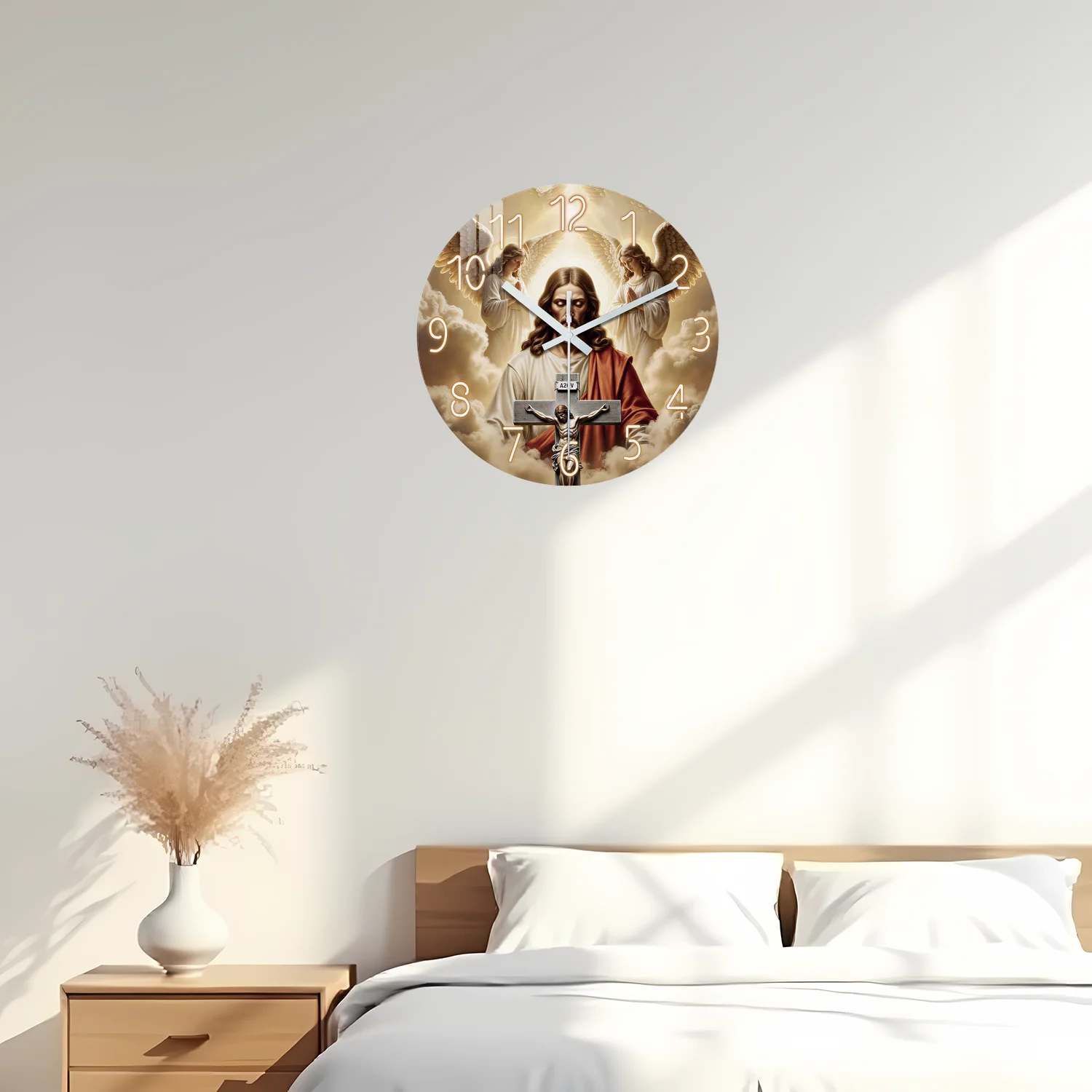 Jesus Angel Religious Pattern Wooden Wall Clock, 10-24inch Silent Wall Clocks, Aa Battery Powered, Suitable for Living Room, Bedroom, Study Room, (Batteries Not Included), Easter, Mother's Day, April Fool's Day