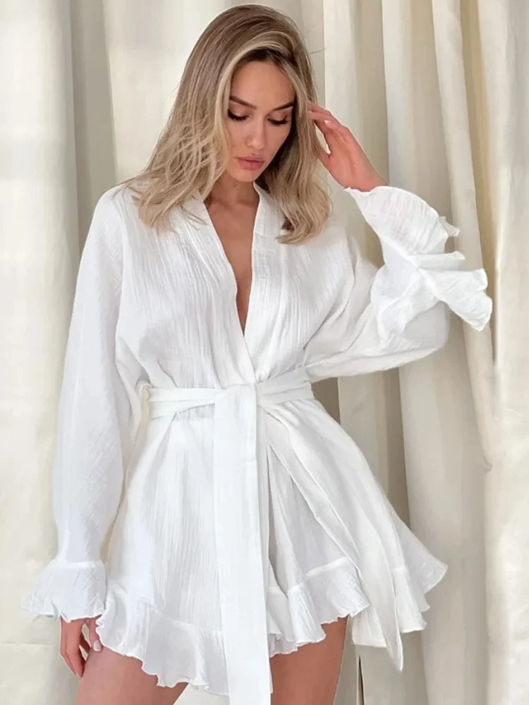 Top De manga larga, pantalones cortos holgados, conjuntos De 2 piezas, trajes para Mujer, Cinjunto De Dos blanco, conjunto De cinturón para Mujer, 2 Pièces Été