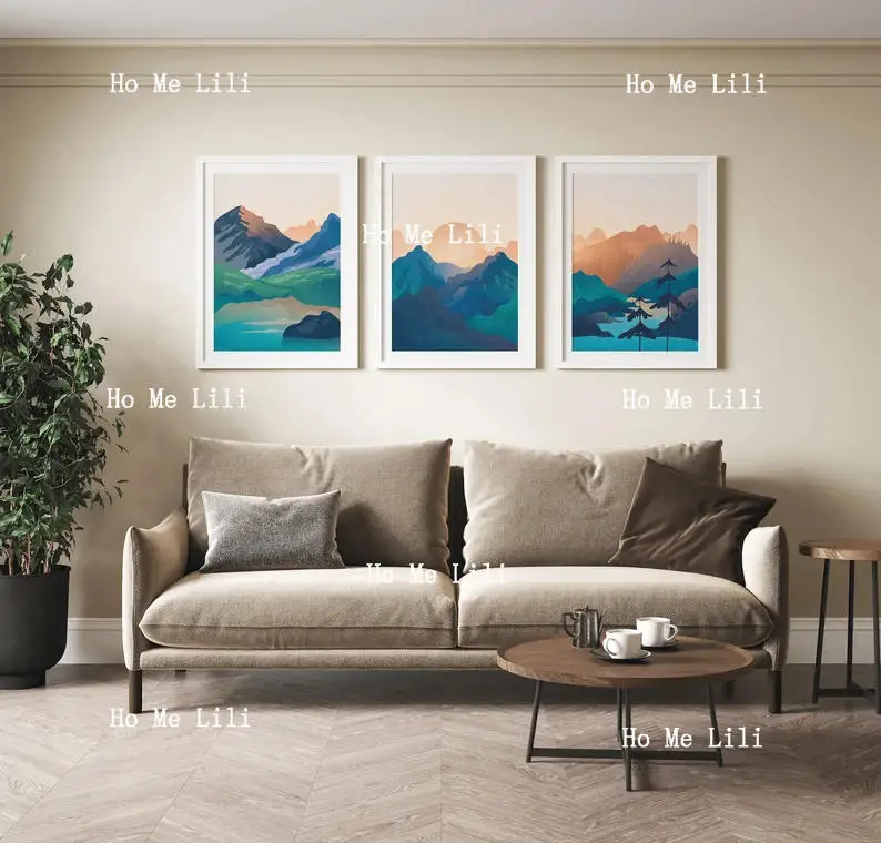 Living Room Wall Art Set Of 3 Prints Navy Blue Wall Art Prints Modern Landscape Art