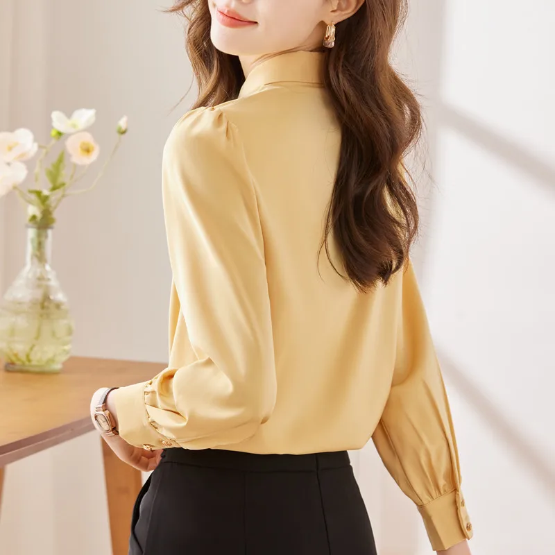 NAVIU Spring Long Sleeve Turn-down Collar Ruffles Tie Chiffon Shirts Women Office Work Wear OL Satin Blouses Lady Tops Yellow