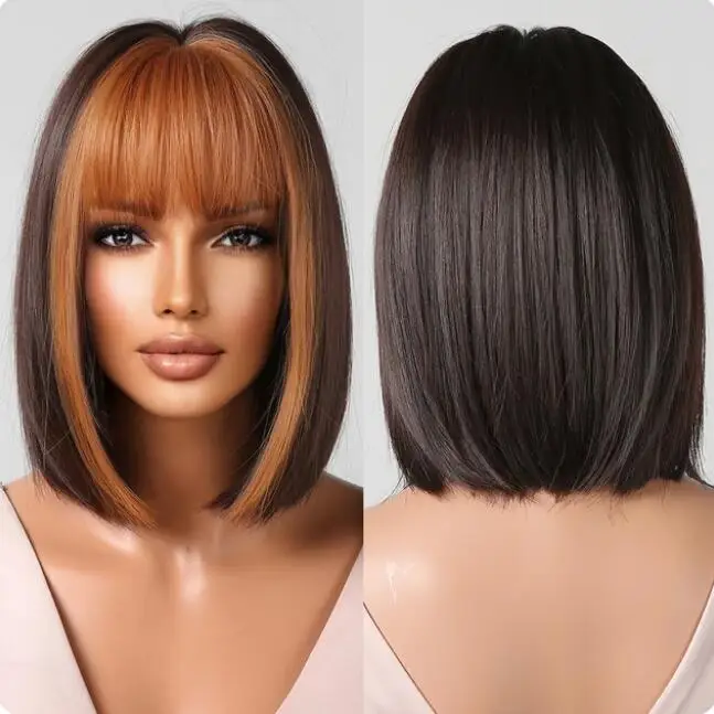 Black Short Bob Wig with Orange Bangs Copper Brown Synthetic Cosplay Hair Wigs for Women Daily Heat Resistant Fibre Wig